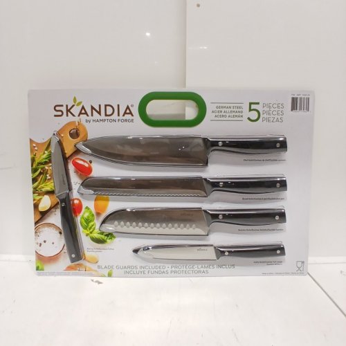 5PC SKANDIA BY HAMPTON FORGE GERMAN STEELE KNIFE SET WITH BLADE GUARDS/SHEATHES - CHEF, BREAD, SANTOKU, UTILITY, AND PARING - BLACK (MODEL: 1938125) image 2
