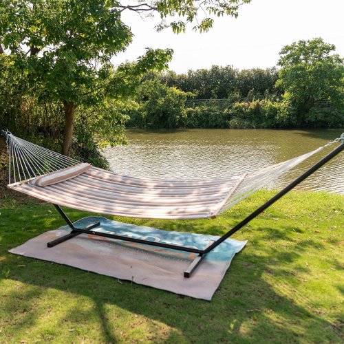 LAZY DAZE DOUBLE QUILTED HAMMOCK WITH PILLOW - 12FT - BEIGE/WHITE (MODEL: HMQF-BEIGE-W) image 2