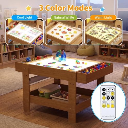 OAKVERA 5-IN-1 LIGHT UP TABLE FOR KIDS WITH REVERSIBLE TABLETOP - 41" X 25" X 24" - NATURAL WOOD - (MODEL: US887206NW00) image 3