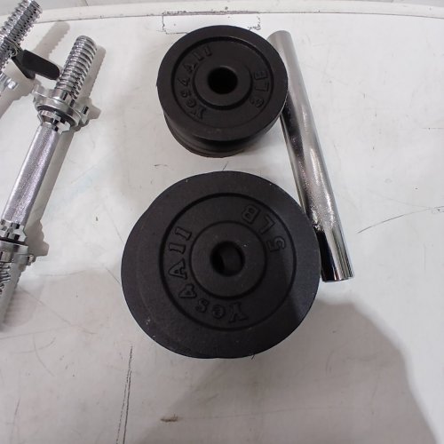 12PC YES4ALL ADJUSTABLE CAST IRON DUMBBELL SET - 40LBS - 4 5LBS PLATES, 4 3LBS PLATES, 3 BARBELLS ATTACHMENTS - BLACK/SILVER (MODEL: HKJQ) image 3