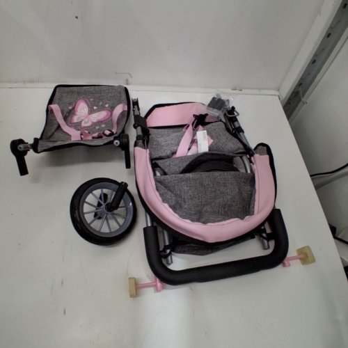 BAYER DUO DOUBLE STROLLER FOR DOLLS - SUN CANOPY - SECURITY BELT - UP TO 18” - GREY / PINK image 2