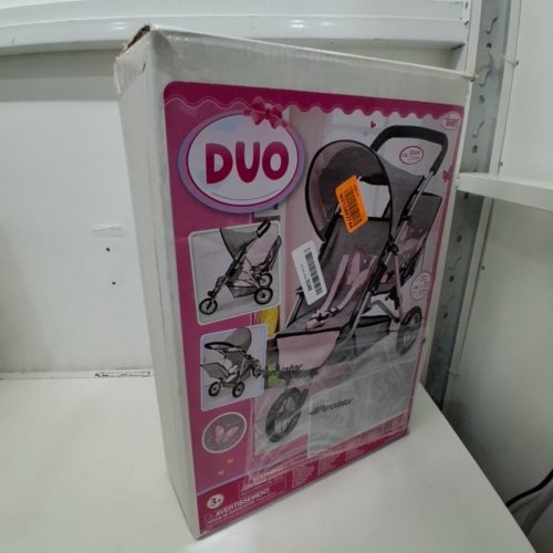BAYER DUO DOUBLE STROLLER FOR DOLLS - SUN CANOPY - SECURITY BELT - UP TO 18” - GREY / PINK image 3