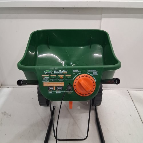 SCOTTS FOLDABLE TURF BUILDER, EDGEGUARD MINI BROADCAST SPREADER/SEEDER - 5000 SQ FT - GREEN/BLACK (MODEL: LB15267) image 3