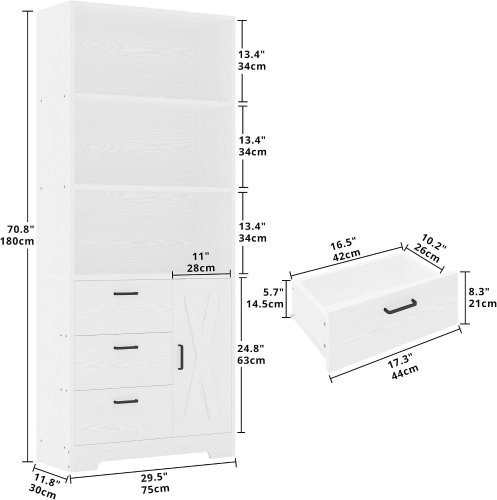 IRONCK STORAGE CABINET WITH OPEN SHELVES AND DRAWERS - 70.8" X 11.8" X 29.5" - WHITE (MODEL: HK-SG-15) image 2