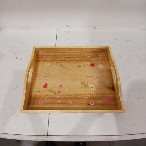 HANDMADE FLORAL WOODEN SERVING TRAY RESIN TOP - NATURAL WOOD image 2