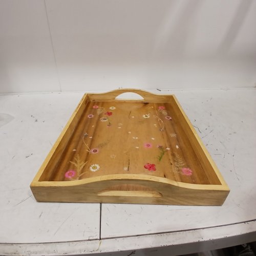 HANDMADE FLORAL WOODEN SERVING TRAY RESIN TOP - NATURAL WOOD image 3