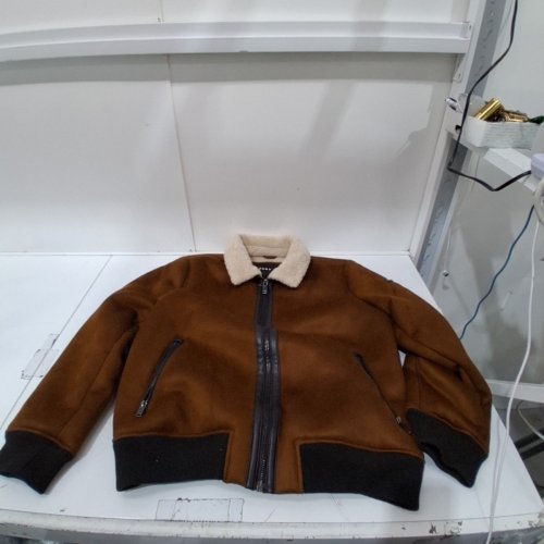 MENS DKNY FAUX SHEARLING BOMBER JACKET WITH FAUX FUR COLLAR - LARGE - BROWN image 2