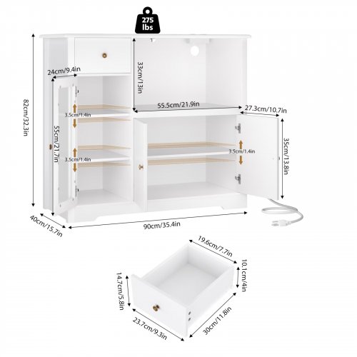 HOMFA MICROWAVE STAND KITCHEN PANTRY CABINET WITH ADJUSTABLE SHELVES, DRAWER, AND CHARCHING STATION - 35.4" X 15.7" X 32.3" - WHITE (MODEL: HOS-MD-152) image 3