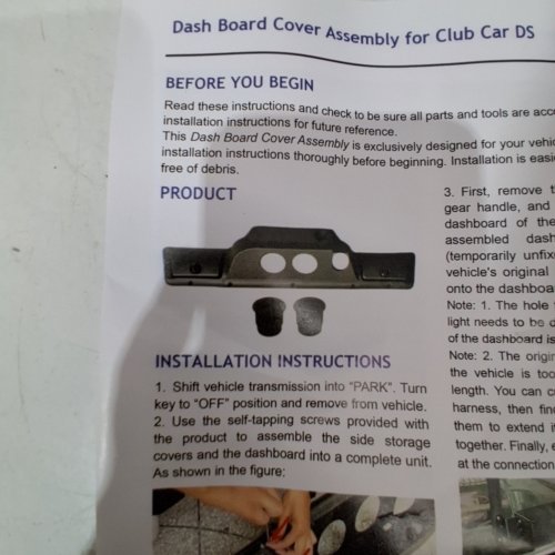 SAUTVS DASH BOARD COVER ASSEMBLY FOR CLUB CAR DS 1982+ GOLF CART (MODEL: ZP-YJ-041903-009) image 2