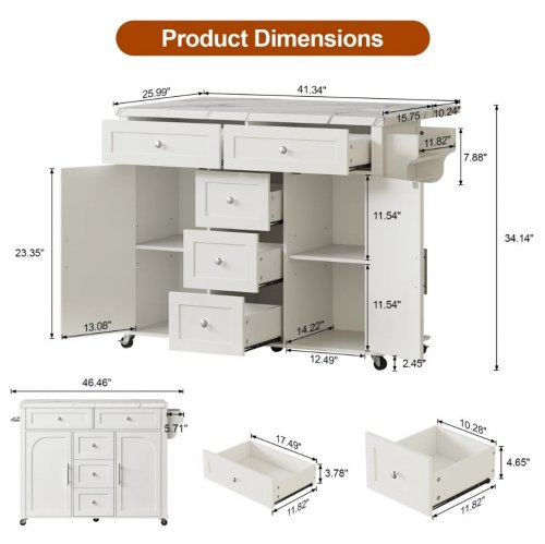 EBERN DESIGNS ROLLING KITCHEN ISLAND STORAGE CART WITH DROP LEAF TOP & CHARGING STATION - 41" X 26" - WHITE - (MODEL: MKS-120-WH-110) image 2