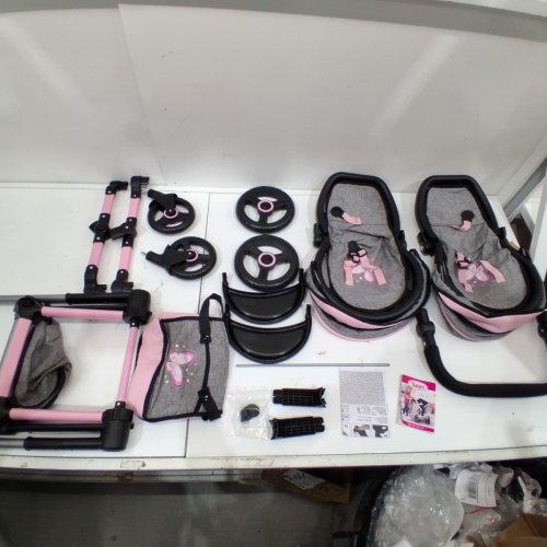 BAYER XEO TWIN DOLL CARRIAGE STROLLER FOR DOLLS UP TO 18" - 30" X 14.5" X 29.5" - GREY/PINK (MODEL: 26733AA) image 2