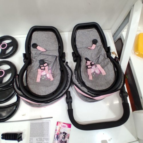 BAYER XEO TWIN DOLL CARRIAGE STROLLER FOR DOLLS UP TO 18" - 30" X 14.5" X 29.5" - GREY/PINK (MODEL: 26733AA) image 3