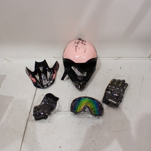 4PC SANQING SPARK OFF-ROAD HELMET SET GOGGLES, GLOVES, MASK - LARGE - BLACK/PINK - (MODEL: CH-202) image 4