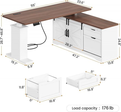 SEDETA L SHAPED FARMHOUSE HEIGHT ADJUSTABLE DESK WITH DRAWERS - 28.7-46.8" X 55" X 47.2" - WHITE/BROWN (MODEL: AJ-DJ505118) image 2