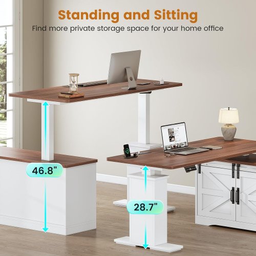 SEDETA L SHAPED FARMHOUSE HEIGHT ADJUSTABLE DESK WITH DRAWERS - 28.7-46.8" X 55" X 47.2" - WHITE/BROWN (MODEL: AJ-DJ505118) image 3
