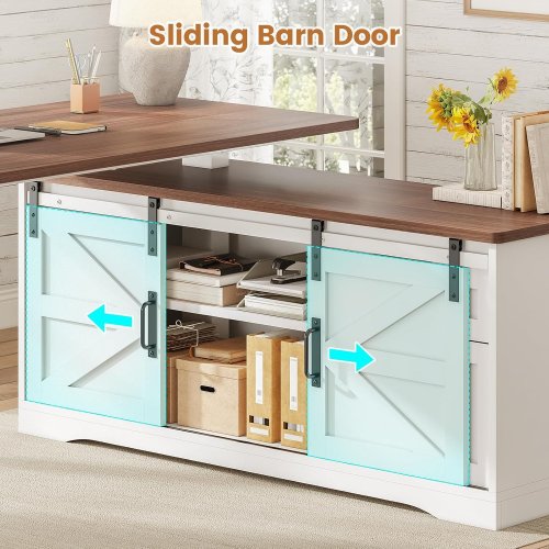 SEDETA L SHAPED FARMHOUSE HEIGHT ADJUSTABLE DESK WITH DRAWERS - 28.7-46.8" X 55" X 47.2" - WHITE/BROWN (MODEL: AJ-DJ505118) image 6