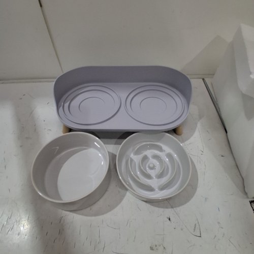 PTOBER RAISED DOG CERAMIC BOWL WITH STAND - ELEVATED FEEDER - 28.7 OZ - WHITE / GREY image 4