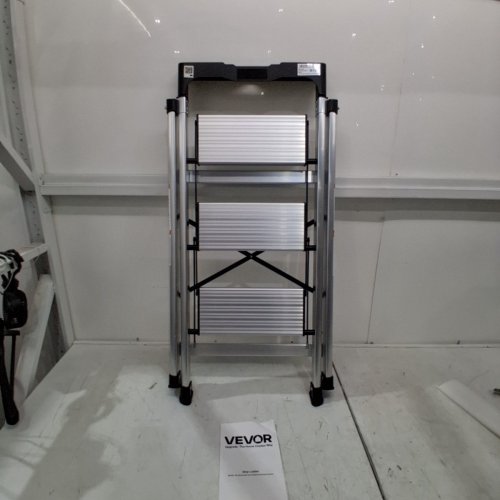 3 STEP FOLDING STEP STOOL WITH WIDE ANTI-SLIP PEDAL AND COMFORT HANDGRIP - 330LBS CAP - SILVER/BLACK (MODEL: AP-2413TA) image 2