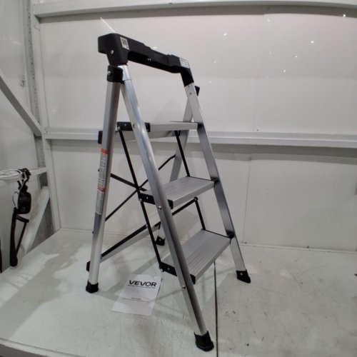 3 STEP FOLDING STEP STOOL WITH WIDE ANTI-SLIP PEDAL AND COMFORT HANDGRIP - 330LBS CAP - SILVER/BLACK (MODEL: AP-2413TA) image 3