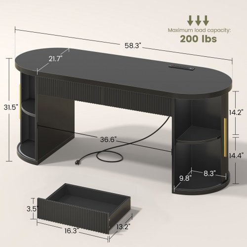 SEDETA FLUTED ARC-SHAPED WOODEN COMPUTER DESK WITH STORAGE & CHARGING STATION - 58" X 22" X 31" - BLACK - (MODEL: AJ-DJ505017_2) image 2