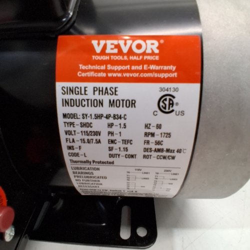 VEVOR ELECTRIC MOTOR 60HZ - 1.5 H/P - 3450 RPM - AC115/230 V - 56C FRAME 1-PHASE 5/8" KEYED SHAFT (MODEL: SY-1.5 H/P-4P-B4-C) image 3