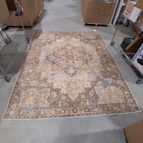 VINTAGE ORNATE MEDALLION PATTERN AREA RUG - 10FT X 8FT - BEIGE AND BROWN image 2
