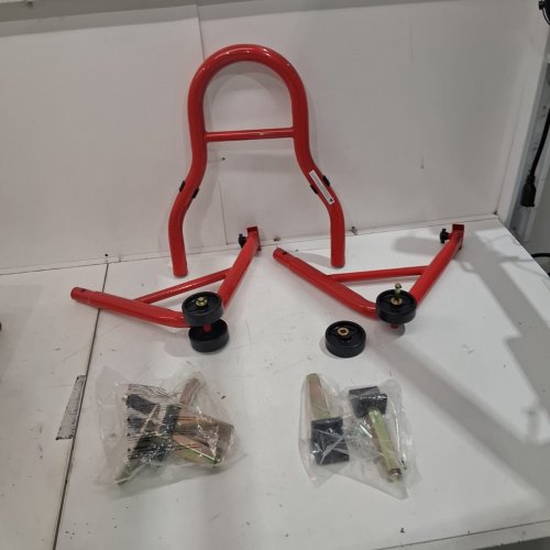SPECSTAR MOTORCYCLE FRONT REAR WHEEL STANDS - 882LBS CAPACITY - 31.1" X 19" X 5" - RED (MODEL: ‎VH569-RE) image 2