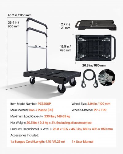VEVOR FOLDABLE PLATFORM TRUCK - 330LBS CAPACITY - BLACK (MODEL: PZS200P) image 2