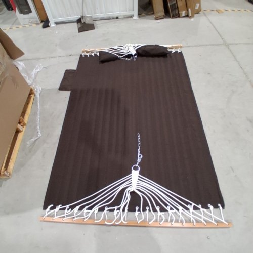 QUILTED FABIC HAMMOCK WITH HARDWOOD BARS AND PILLOW CUSHION WITH SIDE POCKET - BROWN (MODEL: A0104JM35ST) image 4