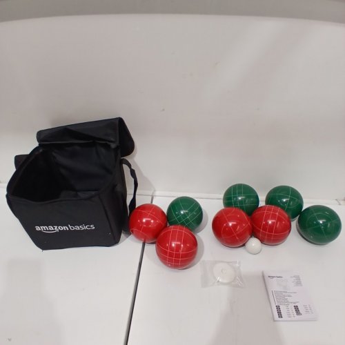 9PC AMAZON BASICS 100MM BACKYARD BOCCE BALL SET WITH 8 RESIN BOCCE BALLS / PALLINO BALL CARRYING CASE & MEASURING TAPE - GREEN / RED / BLACK image 2