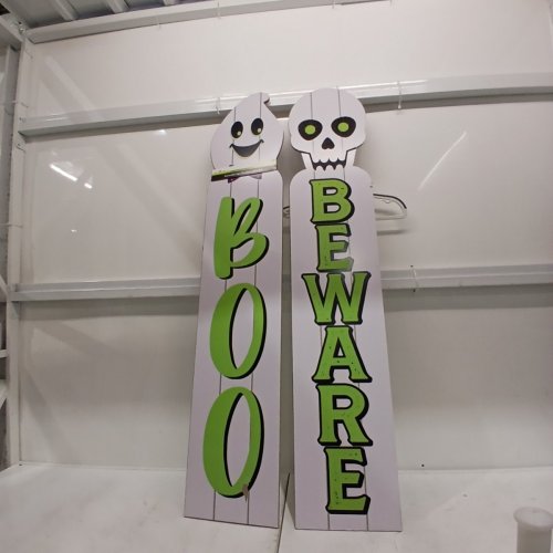2PK REVERSIBLE FRENCH/ENGLISH DECORATIVE WOODEN HALLOWEEN PORCH SIGNS - 9.5" X 48" - WHITE GHOST AND SKELETON image 2