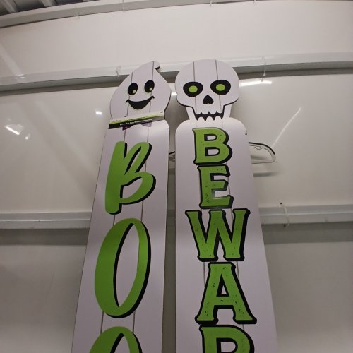 2PK REVERSIBLE FRENCH/ENGLISH DECORATIVE WOODEN HALLOWEEN PORCH SIGNS - 9.5" X 48" - WHITE GHOST AND SKELETON image 3