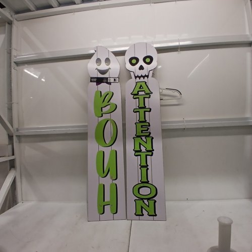 2PK REVERSIBLE FRENCH/ENGLISH DECORATIVE WOODEN HALLOWEEN PORCH SIGNS - 9.5" X 48" - WHITE GHOST AND SKELETON image 5