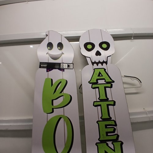 2PK REVERSIBLE FRENCH/ENGLISH DECORATIVE WOODEN HALLOWEEN PORCH SIGNS - 9.5" X 48" - WHITE GHOST AND SKELETON image 7