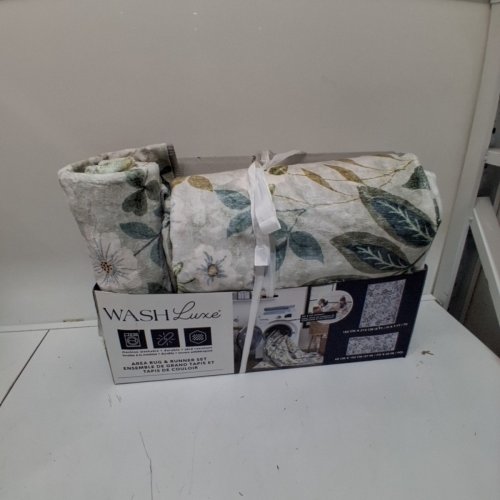 2PC WASH LUXE FLORAL AREA RUG - 5FT X 7FT / 27" X 60" - GREY, BLUE, GREEN, AND WHITE (MODEL: 2046294) image 2