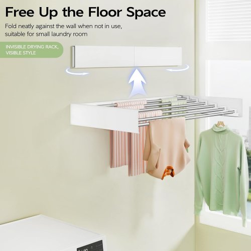 VIKAQI WALL MOUNTED CLOTHES DRYING RACK, FOLDABLE MOUNTED COLLAPSIBLE LAUNDRY RACK - 20" X 40" - WHITE (MODEL: 1314) image 6