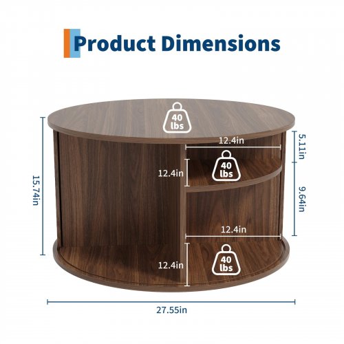 GARVEE ROUND WOODEN COFFEE TABLE WITH SLIDING DOOR STORAGE - 28" X 16" - WALNUT - (MODEL: PHK_3633DQQ8) image 2