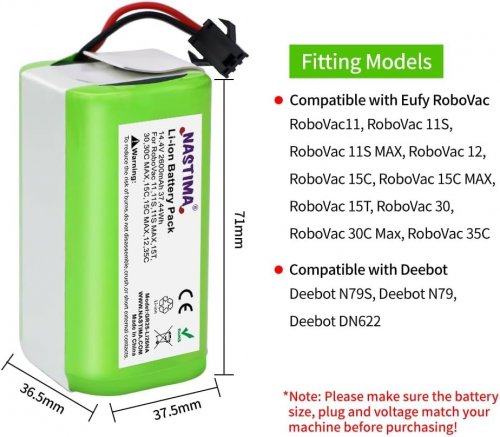 NASTIMA LI-ION BATTERY PACK FOR SELECT EUFY & DEEBOT ROBOT VACUUM MODELS - 14.4 V 2600 MAH - GREEN (MODEL: GR2S-LI26NA) image 2