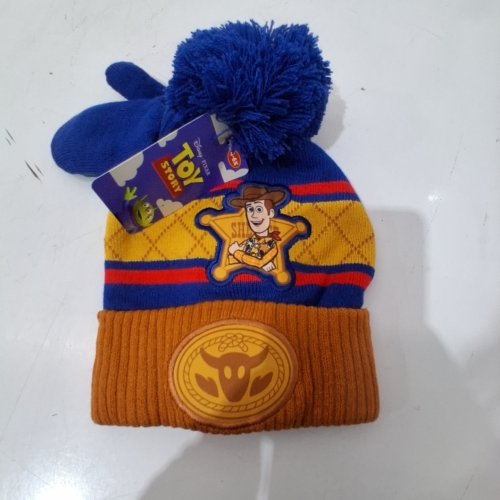 3PC KID'S DISNEY TOY STORY 4 KNIT BEANIE AND GLOVES - 4-6X - BLUE AND BROWN image 2