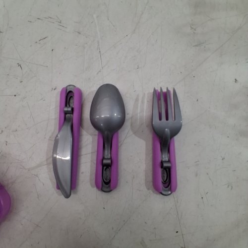 3PC COOLGEAR PLASTIC EXPANDABLE KNIFE, SPOON AND FORK WITH STORAGE CONTAINER - PURPLE image 2