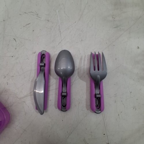 3PC COOLGEAR PLASTIC EXPANDABLE KNIFE, SPOON AND FORK WITH STORAGE CONTAINER - PURPLE image 3