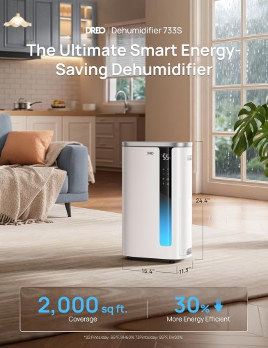 DREO SMART DEHUMIDIFIER WITH 3 FAN SPEEDS, 24H TIMER FOR UP TO 2000 SQ. FT - WHITE (MODEL: 733S) image 2
