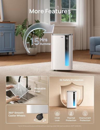 DREO SMART DEHUMIDIFIER WITH 3 FAN SPEEDS, 24H TIMER FOR UP TO 2000 SQ. FT - WHITE (MODEL: 733S) image 4