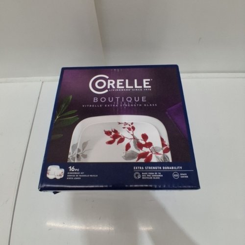 16PC CORELLE VITRELLE GLASS DINNERWARE SET - WHITE / RED / GRAY (STYLE: KYOTO LEAVES) image 4