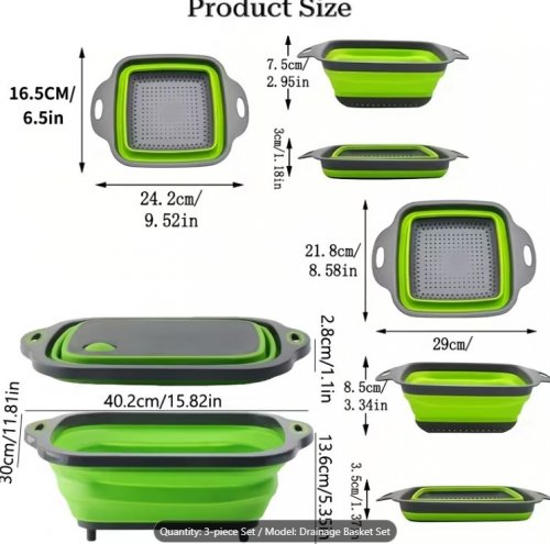 3PC MULTIFUNCTIONAL COLLAPSIBLE CUTTING BOARD/DRAIN BASKETS - GREEN/BLACK image 2