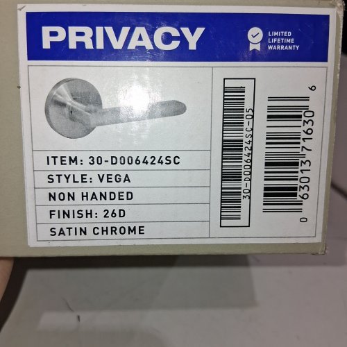 TAYMOR PRIVACY VEGA DOOR HANDLE WITH LOCK - SATIN CHROME (STYLE: 30-D006424SC) image 2