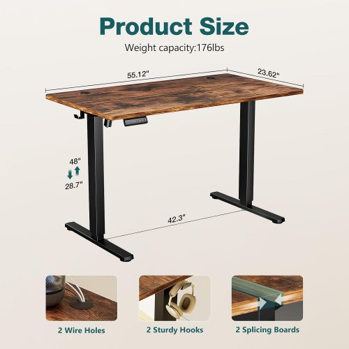 ELECTRIC ADJUSTABLE HEIGHT STANDING DESK WITH HOOKS - 55" X 24" - RUSTIC BROWN - (MODEL: ELT-P5524V3-RUST) image 2