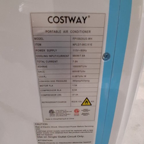 COSTWAY PORTABLE AIR CONDITIONER - 8000 BTU - WHITE (MODEL: FP10925US-WH) image 6