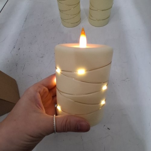 3PK UPINMZ FLAMELESS BATTERY-POWERED LED CANDLES WITH STRING LIGHTS - 4", 5", 6" - CREAM (MODEL: DC-3PK) image 2