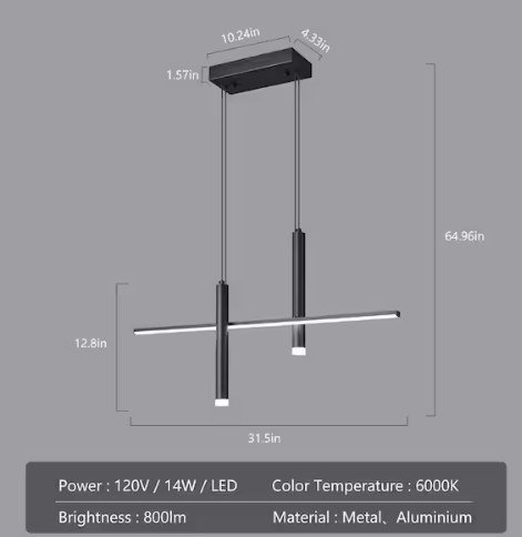 ZHLWIN 3-LIGHT MODERN LINEAR PENDANT CHANDELIER - 64.9" - 6000K - BLACK (MODEL: JP-515-1) image 2